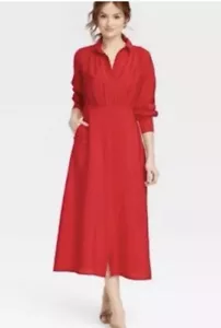 Abito donna nuovo con etichette un nuovo giorno 4X manica lunga colletto bottoni midi rosso crepe - Foto 1 di 7