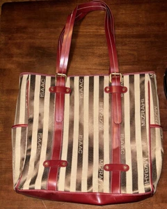 Isaac Mizrahi Laptop Shoulder Bag Brown Stripe W/ Red Faux Leather/Gold Detail - Picture 1 of 5
