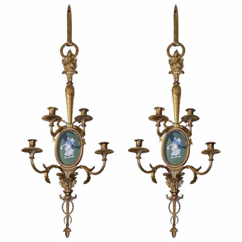 Louis XVI Style Gilt Bronze and Wedgwood Jasper Porcelain Sconces Cover