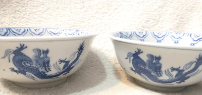 2 Pier 1 Import Chinese Porcelain Ceramic Tea Cup Blue White Dragon Rice Pattern - Image 1 of 4