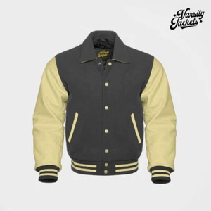 Chaqueta Universitaria Premium Mangas Crema Cuerpo Gris Oscuro Letterman Béisbol Colegio - Imagen 1 de 5