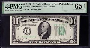 1934 D $10 FEDERAL RESERVE NOTE PHILADELPHIA FR.2009-C CB BLOCK PMG GEM 66 EPQ - Picture 1 of 2
