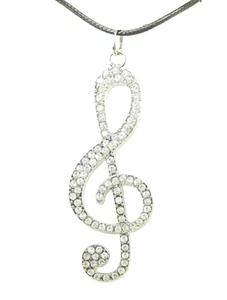 New X Large Music TREBLE CLEF w/ Crystals Silver-tone Pendant 18" - 20" Necklace - Picture 1 of 3