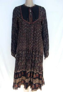 India Ethnic Festival Dress M Vtg 70s Block Print Border Hem Quilted Gold Paint - Picture 1 of 11