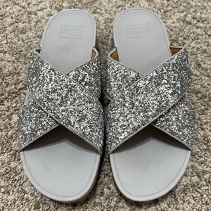 FitFlop Lulu Shimmerfoil Glitter Crisscross Slides Sandals Wedge Heel Size 9 - Picture 1 of 9