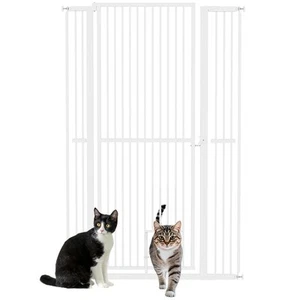 PawHut 59" Extra Tall Pet Gate, 30"-41" Dog Gate with Cat Door, White - Picture 1 of 11