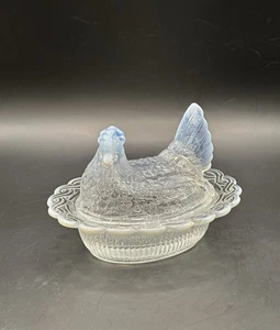 VTG *RARE* Mosser Clear Blue Tint Opalescent Glass Hen On Nest Dish GLOWS! MINT! - Picture 1 of 9