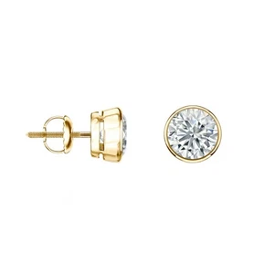 1.5 Ct Round Cut Created Diamond Earrings Studs Solid 14K Yellow Gold Bezel Push - Picture 1 of 3