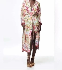 NWT Zara Floral Kimono Robe Wide Sleeves Lined in Satin Fabric Self Tie Sash XS - Picture 1 of 6