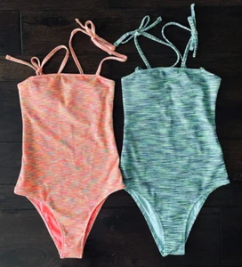 Qty Lot 2 Aerie One Piece Cheeky Swimsuits Straps Pink Blue XS Long - Picture 1 of 6