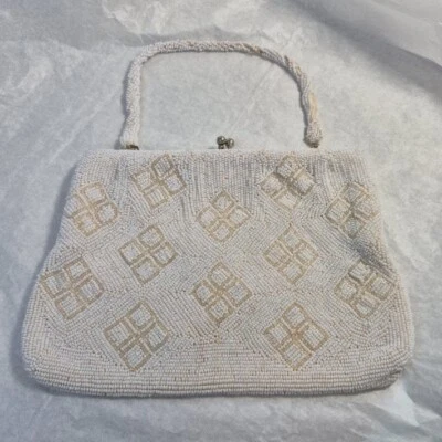 Vintage 1950s White Tan Beaded Clutch Satin Interor with Pocket - Image 1 of 4