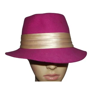Womens Hat Size Medium Vtg Fuchsia Pink Fedora 100% Wool Ivory Satin Ribbon Band - Picture 1 of 20