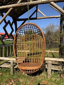 Vintage Hanging Bamboo Rattan Wicker Mid Century Egg Swinging Chair
