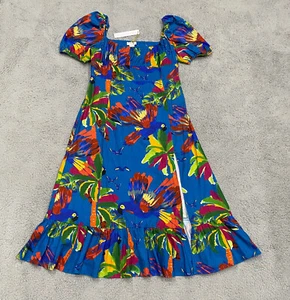 Maxi abito donna House of Harlow 1960 stampa tropicale L lino blu fumè nuovo con etichetta - Foto 1 di 24