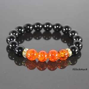 Damen Herren Crackle Orange Glas Perlen Gummiarmband mit Onyx Edelstein Perlen - Bild 1 von 1