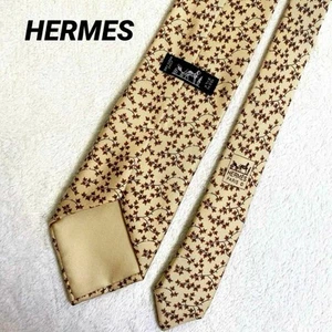 HERMES Necktie Leaf Pattern All-over Pattern Yellow Beige Brown 100% Silk - Picture 1 of 8
