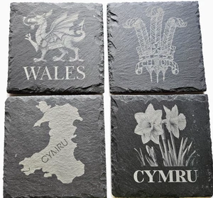 Set Of 4 Wales, Welsh Slate Coasters, National, Cymru, Dragon, Map, Gift, Drinks - Picture 1 of 5