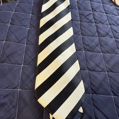 Henry Jacobson Cream Black Striped Design Motif Neck Tie Silk Necktie 58” X 4” - Image 1 of 4