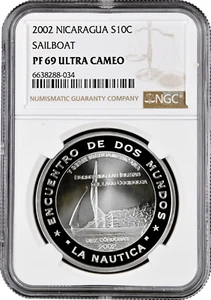 Nicaragua 10 cordobas 2002, NGC PF69 UC, "Ibero-America - Sailboat" Top Pop - Picture 1 of 2