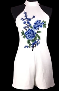 Halter Neck Romper Womens Sz 8 Applique Floral One piece Short Set Ivory NWT - Picture 1 of 5
