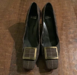 Stuart Weitzman Size 9.5 Brown Plaid Heels With Decorative Buckle - Picture 1 of 12