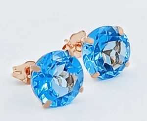 GENUINE 8.24 Cts BLUE TOPAZ STUD EARRINGS 14K ROSE GOLD - Free Appraisal - Picture 1 of 6