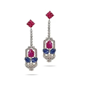 Carved Lab Ruby & Lab Sapphire Dangle Earrings 925 Fine Silver Handcrafted Jewel - Picture 1 of 4