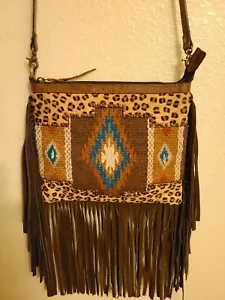 Rafter T Saddle Blanket Crossbody Bag w/ Leopard Design, Medium Zip Purse - Picture 1 of 7