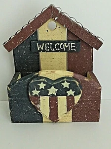 Rustic Red White Blue Patriotic American Hanging Wooden Wall Organizer 7x7x3" - Picture 1 of 9