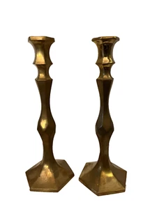 Two Vintage Brass Candlesticks Hexagonal 12 inches Art Deco Style Quiet Luxury - Picture 1 of 4