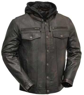 Men's Black Hooded Café racer Style Slim Fit Distressed Genuine Leather Jacket - Image 1 of 3