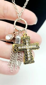 Gold Tone Rhinestone Cross Necklace Pendant W/Charm Tassel Silvertone Long Chain - Picture 1 of 4