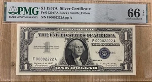 FR 1620 1957A $1 Silver Certificate FANCY SERIAL #00002222 PMG 66epq 949321-10 - Picture 1 of 3