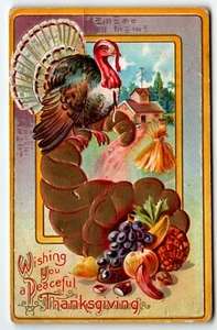 Wishing You a Peaceful Thanksgiving Postcard Turkey Cornucopia 1910 - Picture 1 of 2