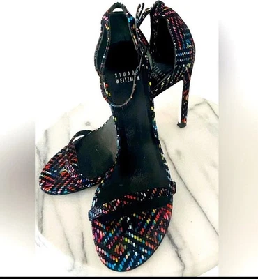 Stuart Weitzman 6.5 Tacones Icónicos Nudistas Multicolor Gamuza Punta Abierta Formal Lujo Foto 1 de 4