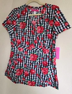 Betsey Johnson Womens Sz Small Scrub Top Floral Roses V Neck Pocket Nurses Nwt - Picture 1 of 9