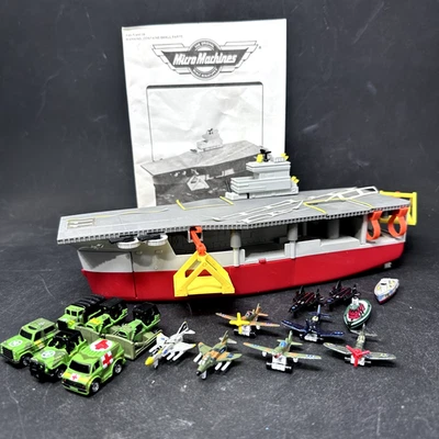 Galoob Micro Machines Aircraft Carrier w Vehicles & Instructions 1988 - Vintage - Image 1 of 4