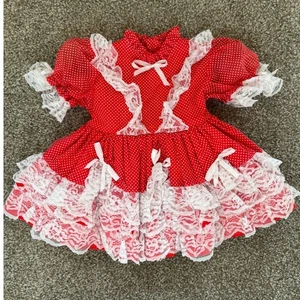Vtg A Ginger Goody Red Polka Dot Dress Lace Ruffle Bows Toddler Dress 2t y2 - Picture 1 of 3