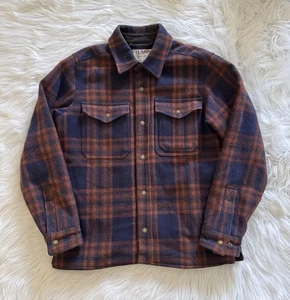 Filson Mackinaw Jac Shirt Button Up Long Sleeve Navy Copper Plaid Wool Medium - Picture 1 of 5