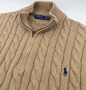 Polo Ralph Lauren Sweater Mens 2XLT Brown Cable Knit Pony Quarter Zip Pullover - Picture 1 of 8