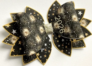 BLACK & GOLD NEW YEAR STATEMENT PRINTED CANVAS FABRIC BOW TEMP MAKE HAIR BOWS - Picture 1 of 3