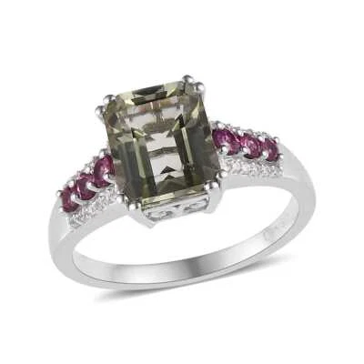 Anillo 4,10 ctw AAA Montezuma Prasiolita y Multigem Platinado Plata Talla 7 Foto 1 de 4