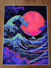 Affiche néon style Hokusai Waves lumière noire 18x24 pouces