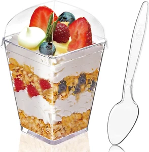 50Pack 5Oz Clear Plastic Dessert Cups with Lids and Spoons, Reusable Square Parf - Picture 1 of 12
