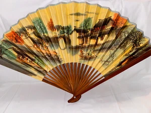 Vtg Chinese Town Scenic Decorative Hand Fan calligraphy Draw Wood Frame Chinese - Picture 1 of 5