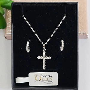 ✨️Idea Regalo Set Collana Croce con Orecchini a Cerchio Placcato Argento 925 - Foto 1 di 4