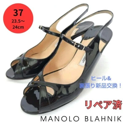 Manolo Blahnik Pumps Sandals Ankle Strap Open Toe Black Patent Leather 37 US 7 - Image 1 of 4