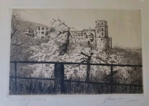 Antiguo Palacio de Heidelberg Alemania grabado impreso firmado - Imagen 1 de 10