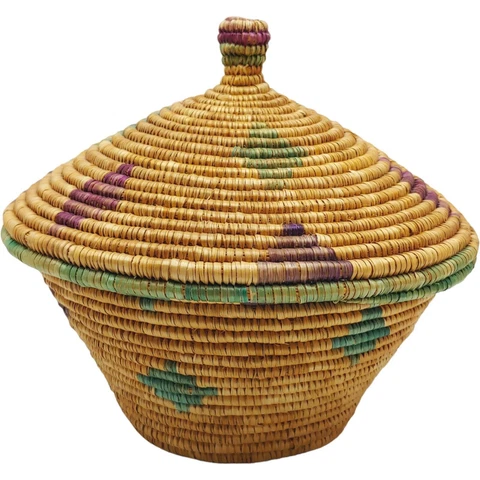Hand Woven Coiled African Basket w Lid - 8" Green Purple Colorful Folk Art Cover