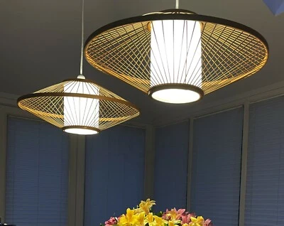 Pantalla de bambú hecha a mano, pantalla de techo colgante redonda, película blanca marrón L006L Foto 1 de 4